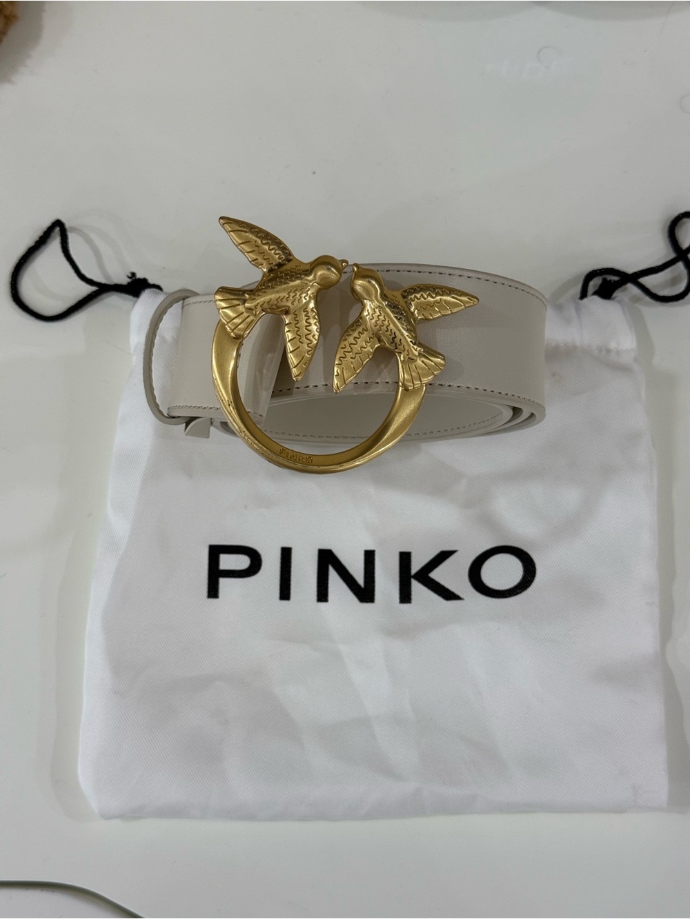 Pinko Cream Leather Belt with Gold Double Bird Buckle